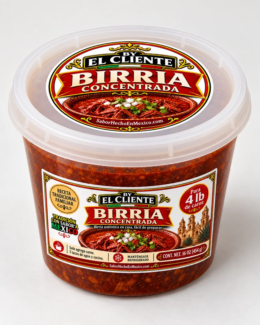Birria Concentrada By El Cliente, envase de 16 oz con su etiqueta